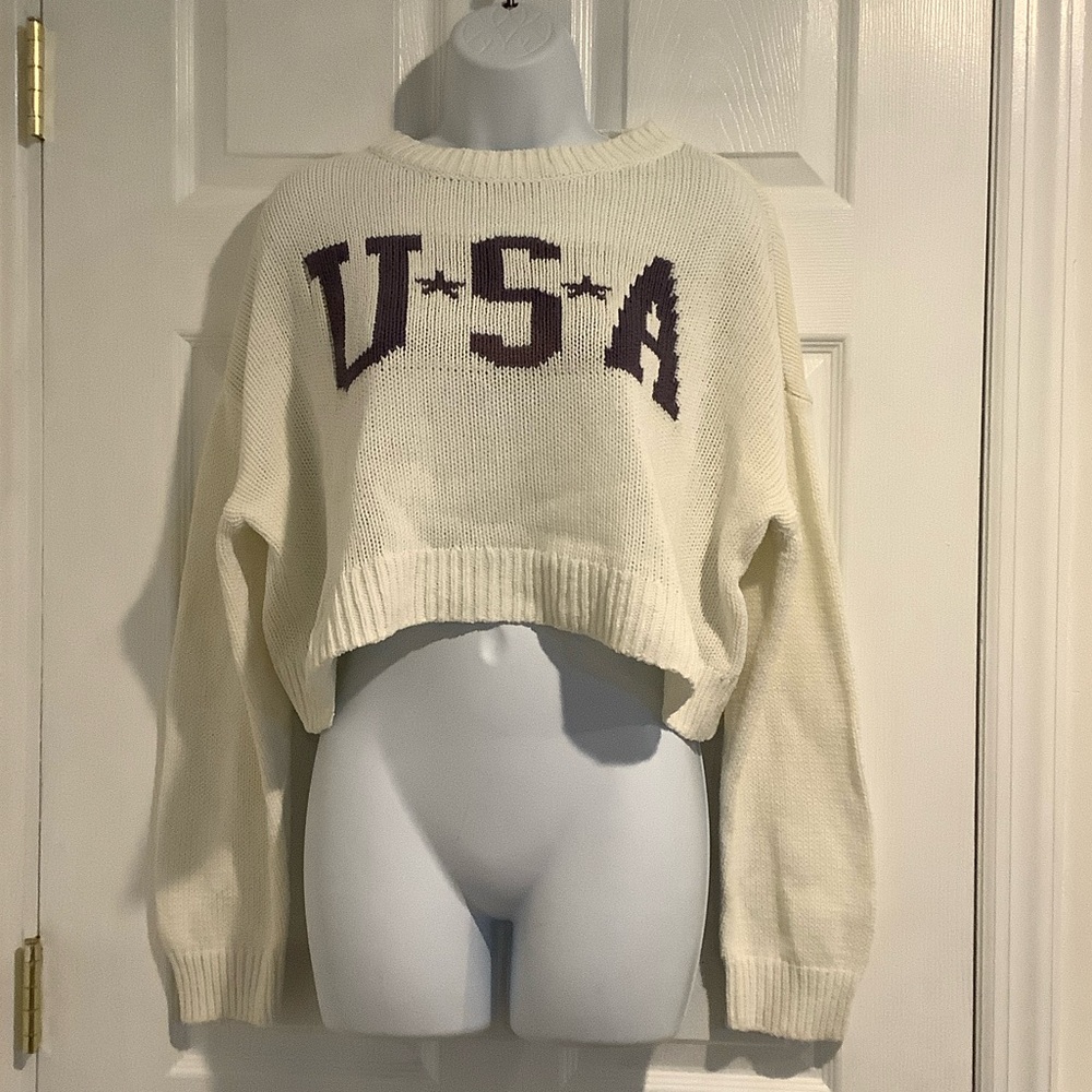 GRAYSON THREADS Cream/Gray Cropped USA Patriotic Preppy Spring/Summer Sweater M